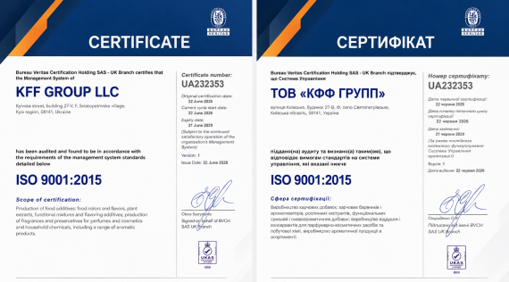 КФФ ГРУПП Компанія «КФФ ГРУПП» успішно пройшла сертифікаційний аудит та отримала сертифікат ISO 9001:2015 - міжнародно визнаний стандарт системи управління якістю.